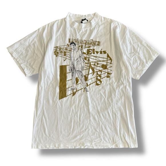 Vintage 90s Elvis Presley Graphic T-Shirt XL White Diamond Dust Music Tee - Picture 1 of 8